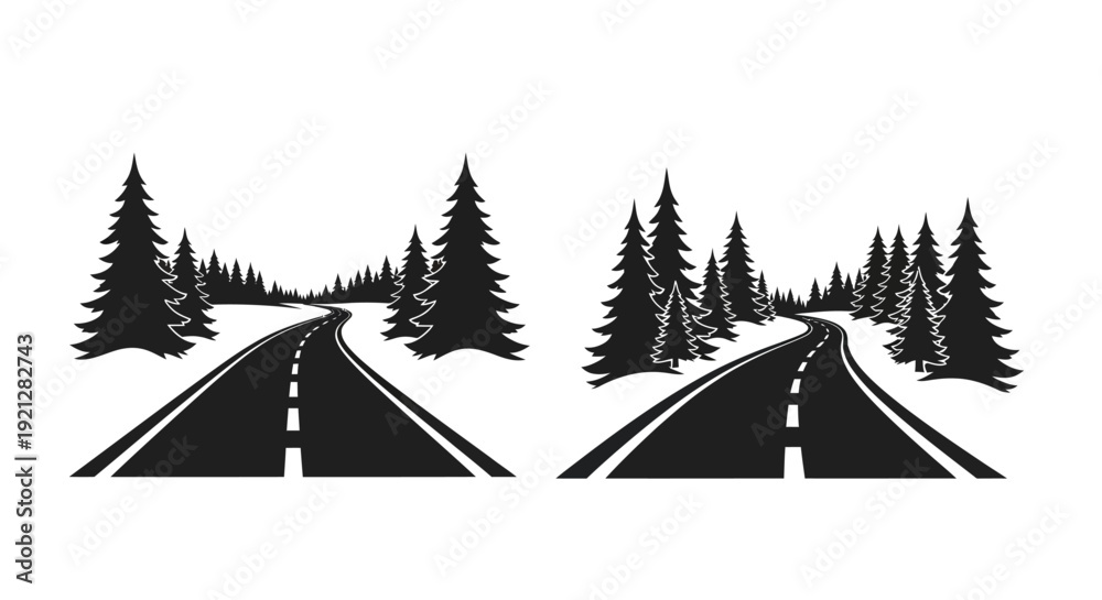 Obraz premium Winding road through a forest landscape stark black silhouette