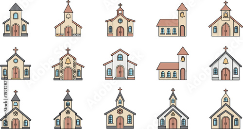 Church building icon set flat vector collection of Christian chapel and cathedral architecture isolated on light background