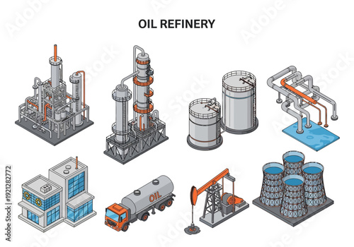 Industrial oil refinery isometric illustrations with various components including storage tanks, distillation columns, and pumpjacks