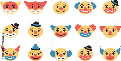 Clown face emoji cartoon icon set flat vector collection of circus joker expressions isolated on light background