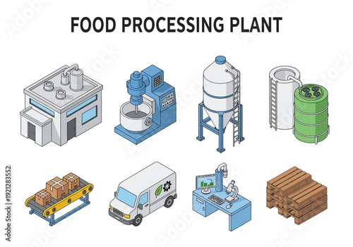Isometric vector illustrations showcasing industrial food processing plant equipment and vehicles