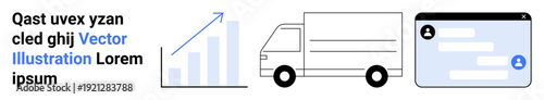 Business growth, logistics, digital communication, corporate strategy, delivery services, online messaging tools. Vertical bar chart, truck icon chat interface. Business growth and logistics