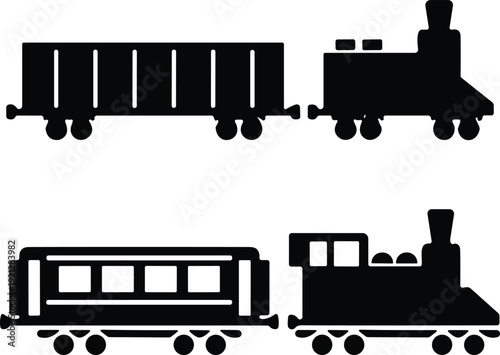 Vintage Steam Train and Railway Wagon Silhouettes Isolated on White Background, Classic Locomotive Transport Vector Illustration Set