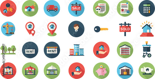 Comprehensive real estate and property management flat icon set featuring house sales rent signs commercial buildings and home insurance symbols.