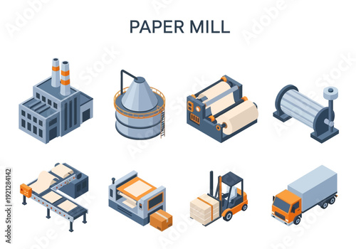 Isometric illustration of a paper mill with various industrial machines and vehicles, representing the production process