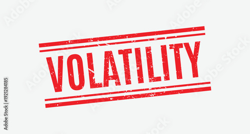 Red volatility rubber stamp with double parallel lines and weathered ink effect for financial analysis reports