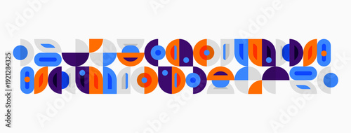 Abstract geometric pattern. Circles, semicircles, arcs create repeating design. Blue, orange, purple dominate color scheme. Minimalist style.