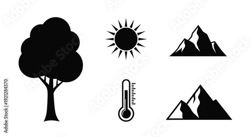 Black silhouettes of nature elements and a thermometer silhouette