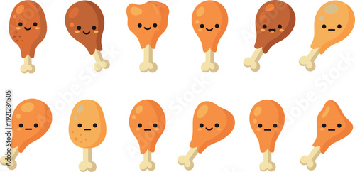 Cute chicken drumstick cartoon icon set flat vector collection of fried meat food characters isolated on light background