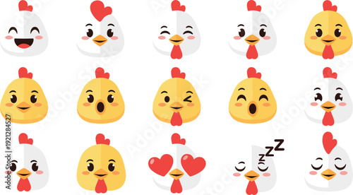 Cute chicken face emoji cartoon icon set flat vector collection of funny hen expressions isolated on light background