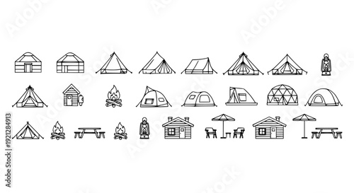 Outline Glamping Vector Icon Set Tents Yurts Cabins Luxury Camping Adventure
