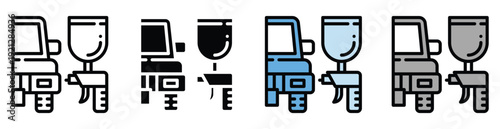 Collection of modern spray gun icons in various colors and styles for design