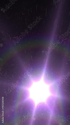 Cosmic Vertical Optical Lens Flare Transition, A bright, glowing starburst emanates a radiant purple light against a dark, speckled background ideal for space themes.