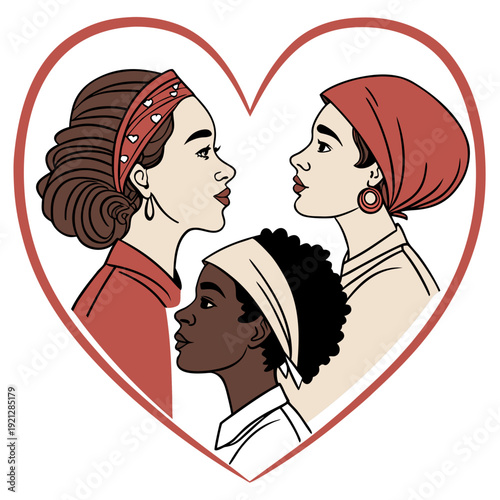 Diverse women in heart frame, celebrating sisterhood and unity