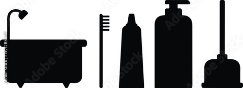 Bathroom Accessories Silhouette Set with Bathtub, Toothbrush, Toothpaste, Soap Dispenser and Toilet Brush Icons Isolated on White Background