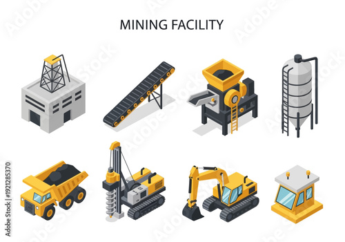 Collection of isometric industrial mining equipment and structures, representing a complete extraction facility with various machinery and buildings