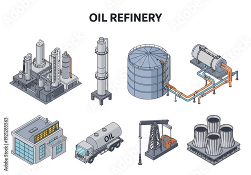 Isometric illustrations of an oil refinery including processing units, storage tanks, a tanker truck, and cooling towers, representing the petroleum industry