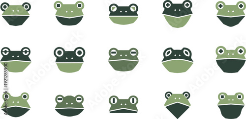 Cute frog face cartoon icon set flat vector collection of green amphibian characters with different expressions isolated on light background