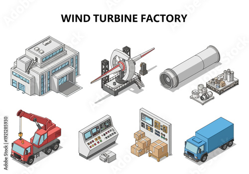 Industrial complex with wind turbine manufacturing, featuring a factory building, machinery, crane, control panel, and delivery vehicles for clean energy production