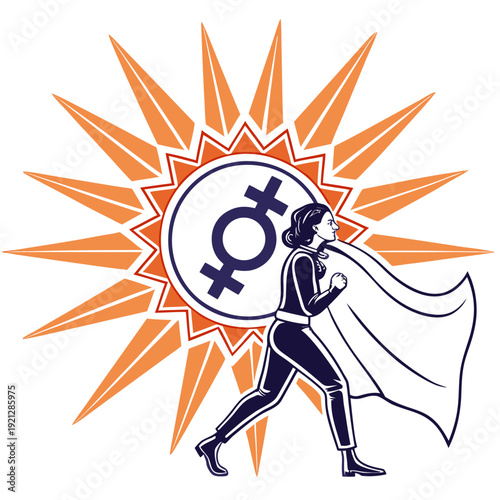 Superhero Woman with Female Symbol and Sunburst