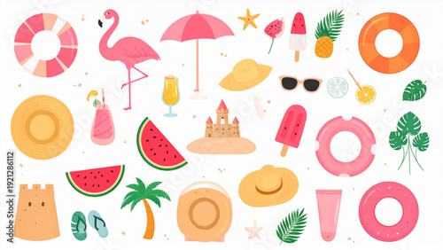 Bright Summer Beach Vacation Illustration Set with Flamingo, Watermelon and Beach Accessories