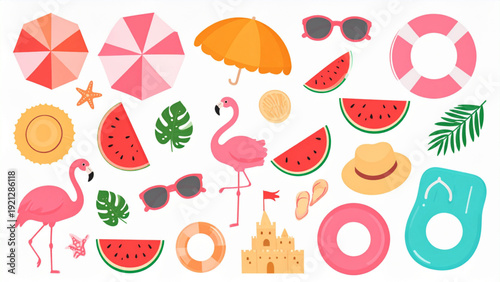 Bright Summer Beach Vacation Illustration Set with Flamingo, Watermelon and Beach Accessories