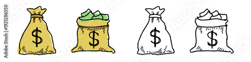 Set editable sketch drawing bag of money vector for financial advice. Ideal for symbolizing investment returns, lotteries, and abundant wealth concepts.