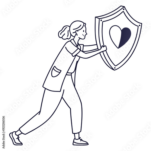 Nurse holding shield with heart, symbolizing medical care and protection