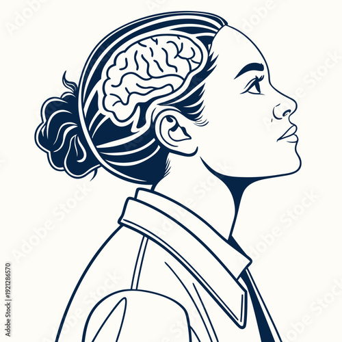 Woman's profile with brain visible, symbolizing intelligence and thought