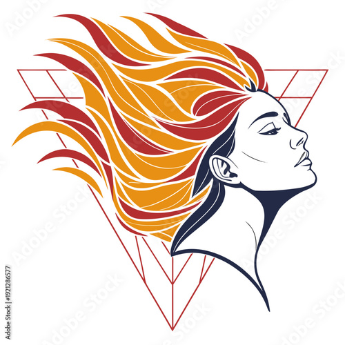 Woman with fiery hair in geometric frame, symbolizing passion and power