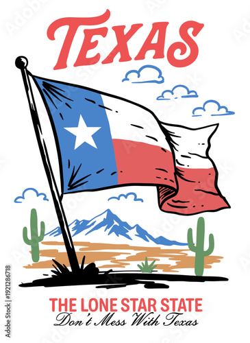 Texas state flag with desert landscape, mountains, and cacti, The Lone Star State vector illustration in retro graphic style for t-shirt design.
