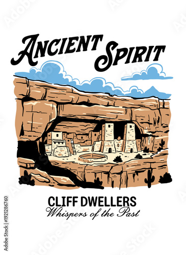 Ancient Spirit Cliff Dwellers vector illustration, vintage retro graphic art of historical pueblo dwellings, Southwest USA travel design for t-shirt or badge.