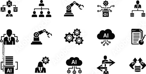 Flat vector illustration of artificial intelligence icons, automation, robotics, cloud computing, organizational hierarchy, teamwork, decision-making, business integration
