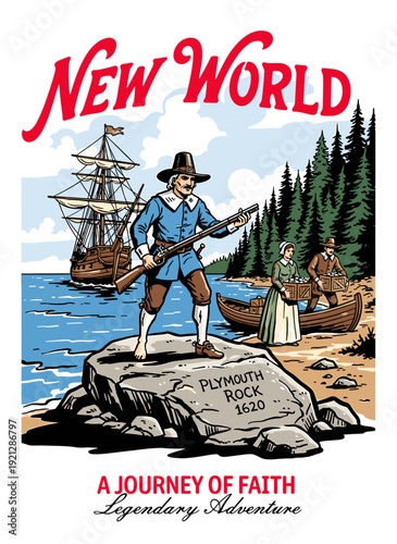 Fotografía New World Pilgrims landing at Plymouth Rock 1620, historical journey graphic vector illustration for vintage poster design