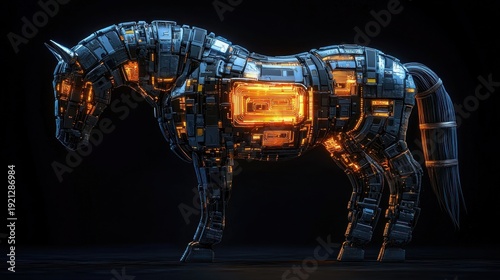Stoic mechanical horse with blue metallic panels and a glowing orange energy core, exposed circuitry and cable tail against a dark background, futuristic and mysterious
