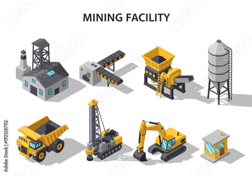 Isometric mining facility with heavy machinery and industrial buildings for resource extraction
