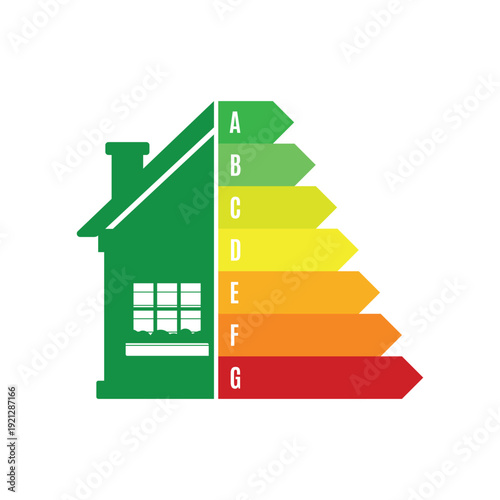 modern green house silhouette with white door icon and colorful energy efficiency performance rating bars