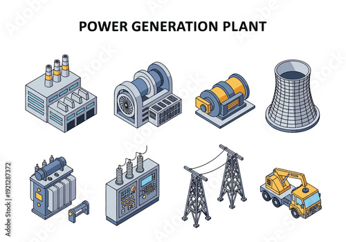 Set of isometric illustrations depicting various components of a power generation plant and its infrastructure, including cooling towers and transmission towers