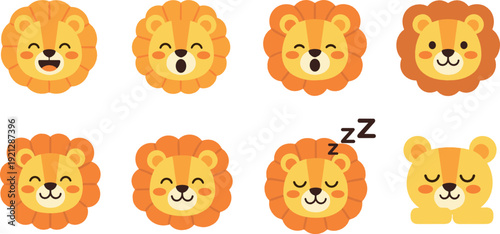 Cute lion face cartoon icon set flat vector collection of adorable wild animal expressions isolated on light background