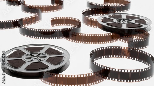 Film reels and strips on white background.
