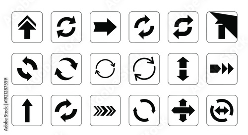 Collection of black arrow icons depicting direction and rotation silhouette