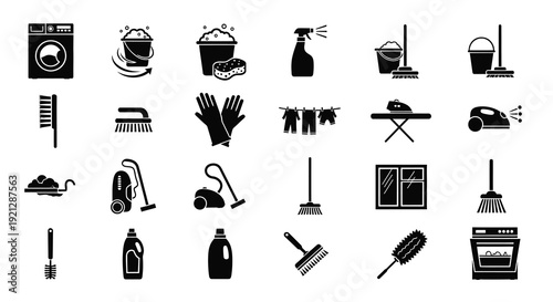 Black silhouette icons depicting various laundry and cleaning supplies