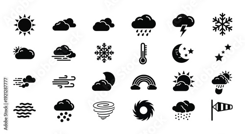 Variety of black weather icons including sun clouds and snow silhouette