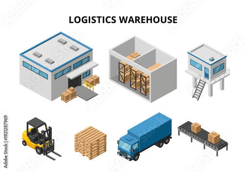 Logistics and Supply Chain Warehouse Operations with Forklift, Truck, and Conveyor Belt Illustrations