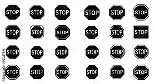 Multiple stop signs arranged in a grid black and white silhouette
