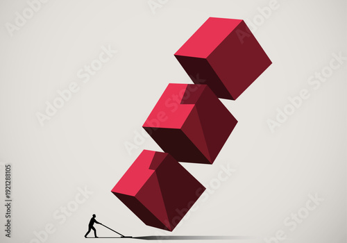Man pulling large red cubes in a creative conceptual illustration