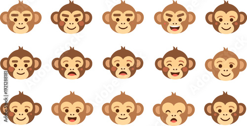 Cute monkey face icon set flat vector collection of cartoon primate expressions isolated on light background