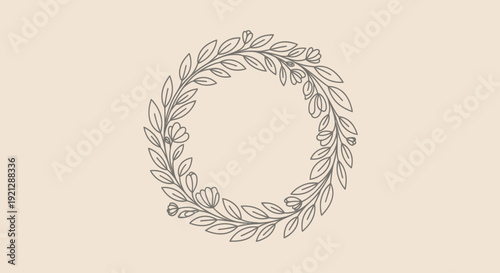 Elegant botanical line art floral wreath on a light background.