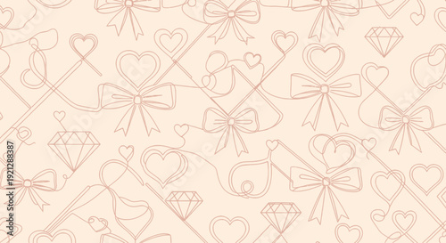 Seamless pattern with hearts, bows, and diamonds.