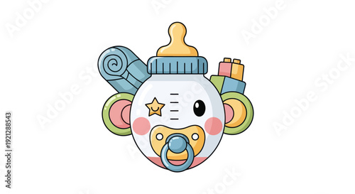 Cute baby bottle and essentials illustration with pacifier and building blocks